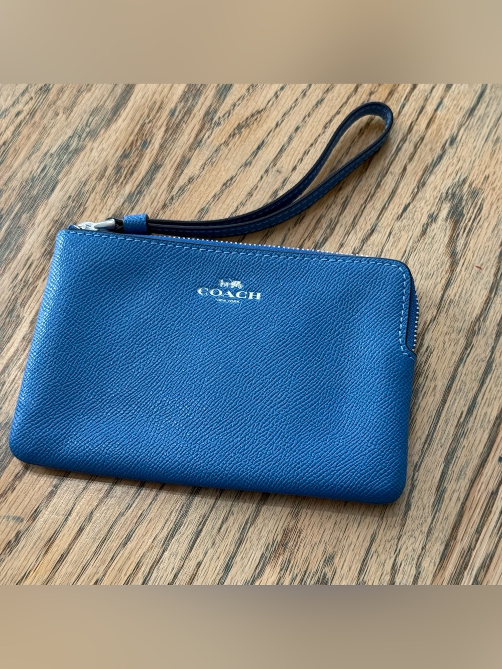 Vivid Blue corner zip Coach wristlet
